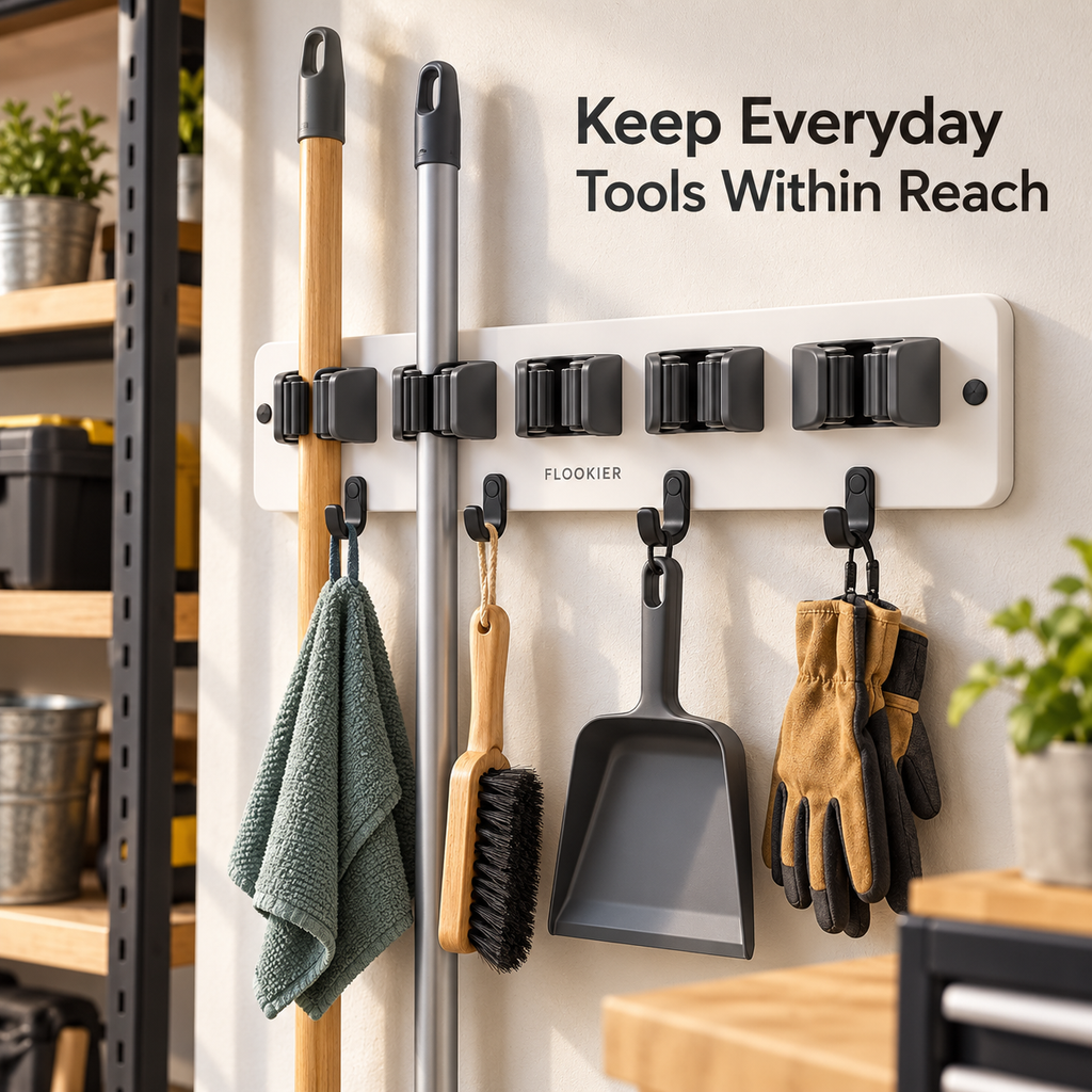 FLOOKIER® Wall-Mounted Broom & Mop Holder – 5 Grip Slots and 4 Hooks for Laundry Room and Utility Storage