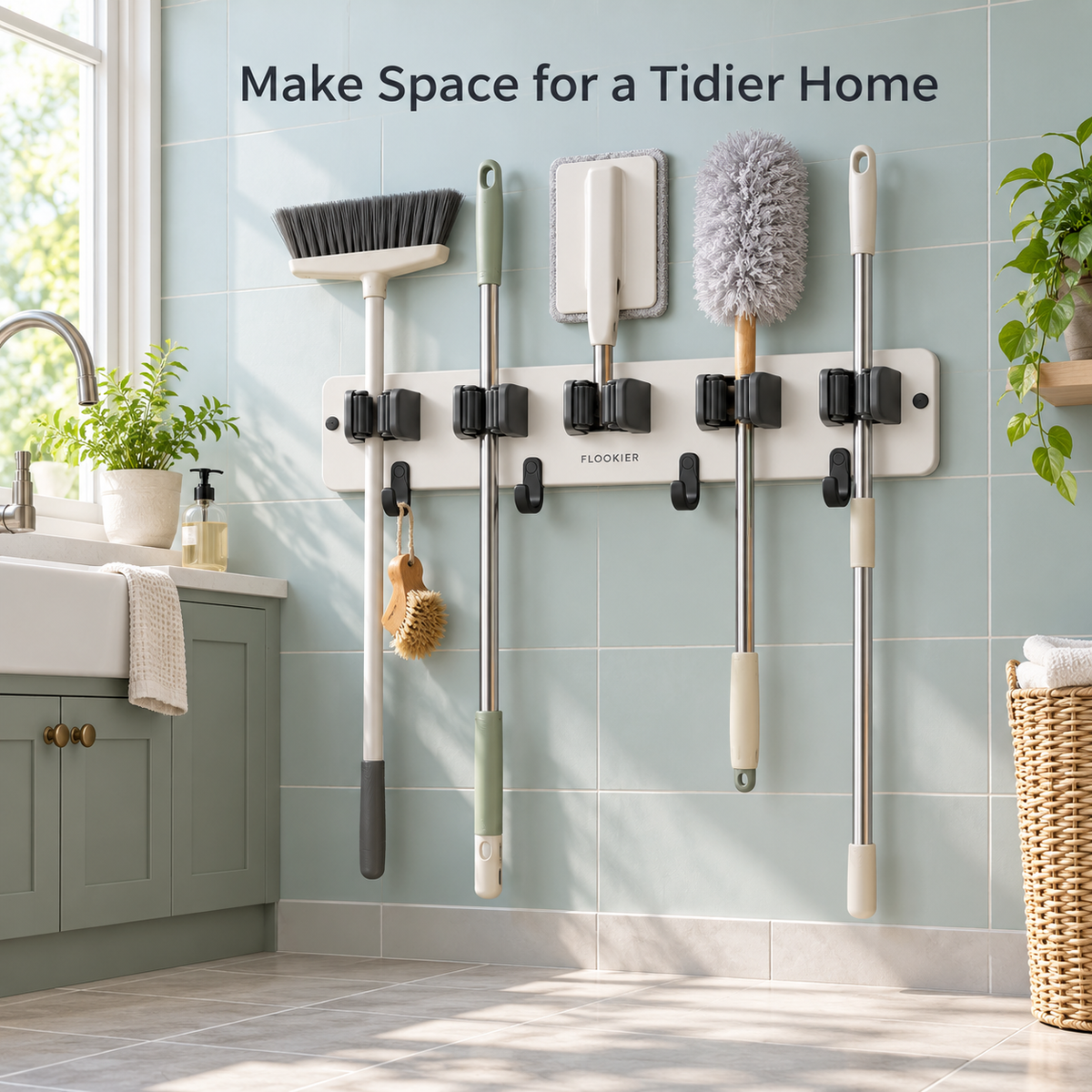 FLOOKIER® Wall-Mounted Broom & Mop Holder – 5 Grip Slots and 4 Hooks for Laundry Room and Utility Storage