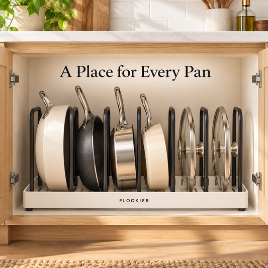 FLOOKIER® Adjustable Pot & Pan Organizer Rack – Removable Dividers for Lids and Cookware, Fits Cabinets and Countertops